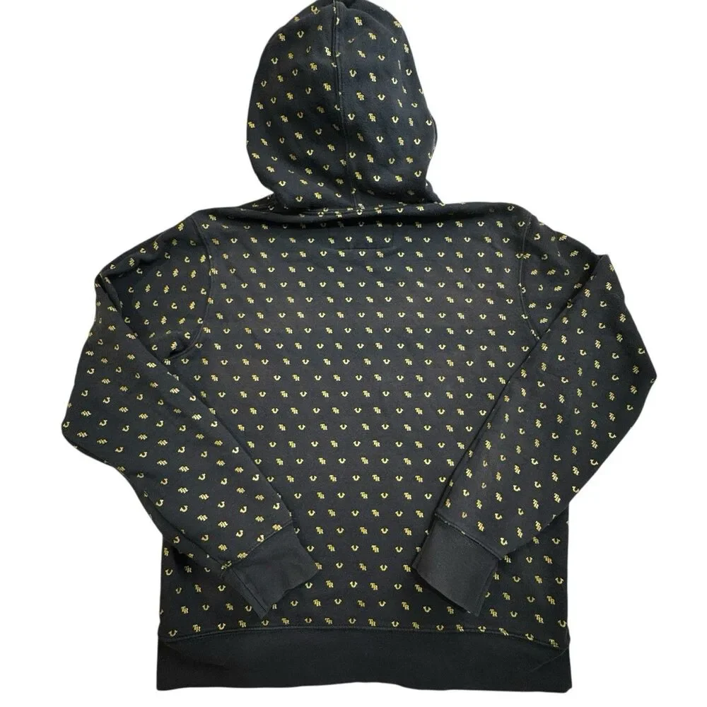 True Religion Monogram Pullover Hoodie Black Gold All Over Horseshoe Logo Mens L